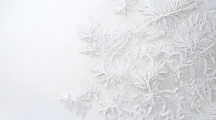 Obraz premium Frost Patterns: Intricate frost patterns spreading across a white background, with delicate ice crystals forming unique shapes. 