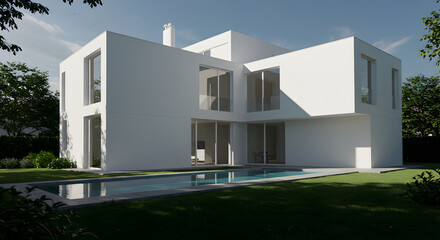 Modern Minimalist Villa With Swimming Pool on Sunny Day
