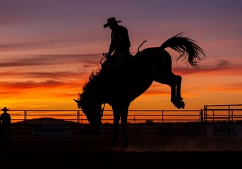 Sunset Silhouette: Cowboy & Bucking Bronco AI Generated