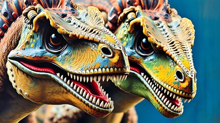 Fototapeta premium Extreme macro close-up of raptor dinosaurs, bold acrylic painting with vibrant colors and textured brushstrokes; small subject detail