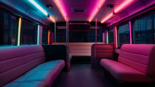 A themed party bus with neon lights and an entertainment system, used for celebrations and nightlife,