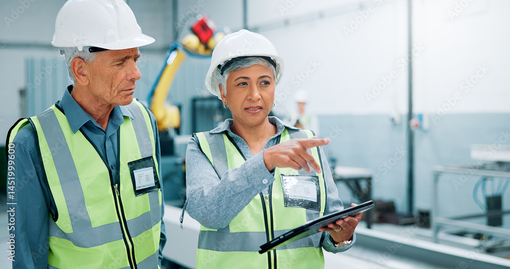 Poster People, robotics and conversation in factory, tablet and machine learning with inspection. Employees, engineering and workers with technician, help and meeting with digital app, advice or automation