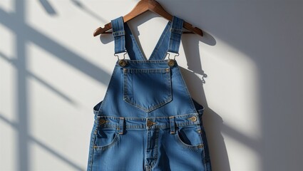 Photorealistic image of a denim overalls in a street fashion photoshoot