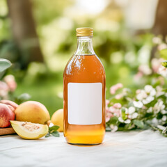 Kombucha in glass bottle of light brown liquid with a gold cap on a table next to fruit and flowers
