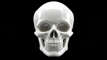 Front view of a realistic, glossy white human skull against a stark black background