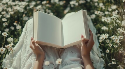 Woman in white dress with pink nails holds open blank book in spring flower meadow