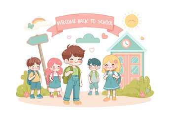 Back to School Cartoon Vector, Cute children going to school together. Little different kids are happy to be back to school. Flat vector illustration 