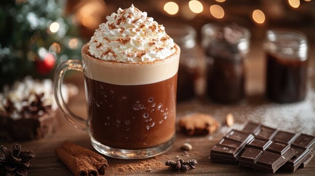 Hot chocolate with whipped cream and cinnamon near christmas tree lights. - Powered by Adobe