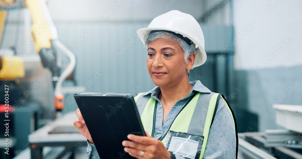Poster engineer, tablet and woman with robotics for production, control machine or assembly line in factory