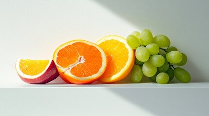 An arrangement of fruit slices, including apples, oranges, and grapes, on a white surface,