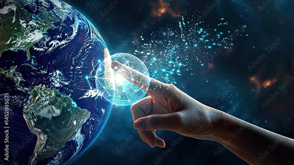 Aufkleber futuristic interaction digital hand reaching for holographic globe, symbolizing connection and techn