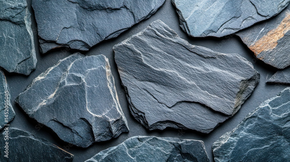 Poster dark gray slate stone tiles arranged in a mosaic pattern. detailed close-up texture and varied shape