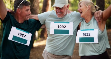 Happy people, running or help with finish line for race, motivation or marathon challenge together in nature. Mature, group or runner with support or team for leg injury, sprain or winning in forest