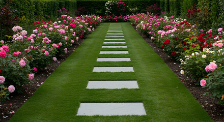 Lush Rose Garden Pathway With Modern Stepping Stones Leading Into Distance
