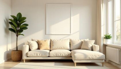 Beige living room with corner sofa, wall poster mockup, modern minimalist design , spacious, contemporary, design