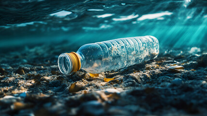 A plastic bottle lying on the sand under the river