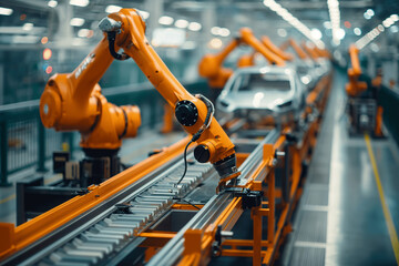 A factory with robots and a car on a conveyor belt