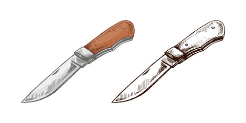 Hand drawn vintage colored and black sketch of folding pocket knife for camping, hiking and outdoor adventure isolated