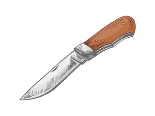Hand drawn vintage colored sketch of folding pocket knife for camping, hiking and outdoor adventure isolated