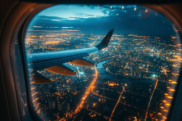 A view of a city from an airplane window at night