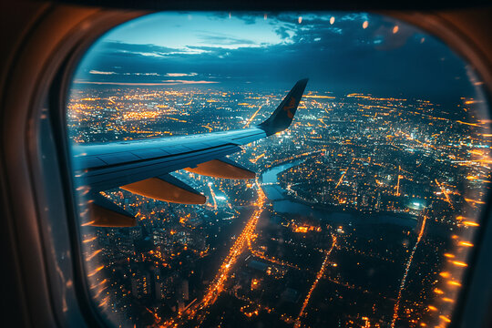 Fototapeta A view of a city from an airplane window at night