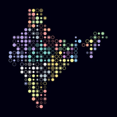 India, shape of the country built of colored cells. Digital style map of India on a dark background. Large size circle blocks. Plain vector illustration.