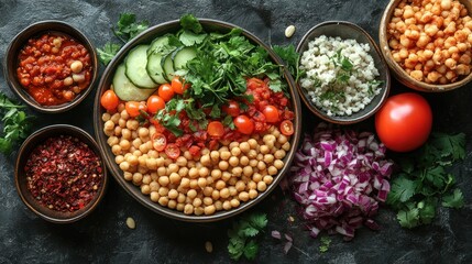 Chickpea Buddha bowl with fresh veggies, spices, grains on dark counter