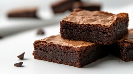 Freshly baked brownies and cake slices presented on a minimalist white background,