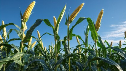 Fototapeta premium Photorealistic image of a clean corn stalk under clear blue sky