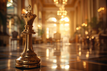 A golden chess piece is sitting on a checkered floor