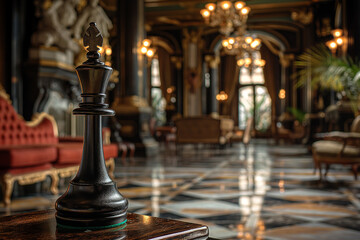 A black chess piece is sitting on a table in a large room