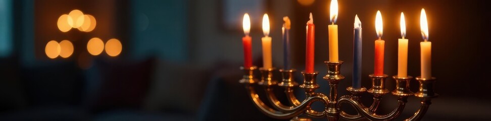 Ornate vintage menorah, glowing candles, Hanukkah night, illumination, religious