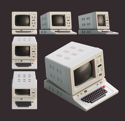 3d render of vintage computer. Set of several flat and isometric views.