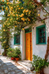 Fototapeta premium A quaint house features radiant yellow roses climbing its white walls, framed by vibrant greenery. The bright orange door invites visitors into a welcoming entryway that exudes charm