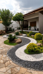 The front yard showcases a unique design with winding stone pathways, lush bushes, and carefully arranged rocks. The vibrant garden is tranquil and inviting, perfect for relaxation