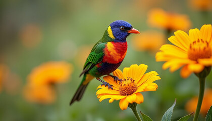 Obraz premium Vibrant Yellow Tropical Bird Perched on Blooming Flower in Natural Habitat