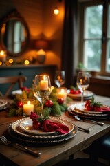 Rustic chic holiday dining scene; warm lighting, ornate tableware, sparkling glassware, festive ambiance, xmas, copy space