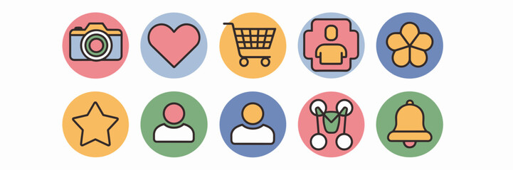 Modern vector icon set with camera, heart, shopping cart, and more – Ideal for digital apps, website UI, or creative projects.