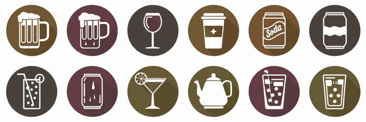 Vector icons of drinks in circles, including beer, wine, coffee, tea, soda, and water