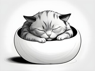 "Mini sleeping cat curled in a ball, drawn with one smooth black line on white."