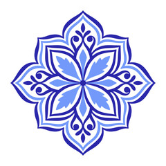 Mediterranean blue floral motif on white background. Ethnic design for ceramic tile. Traditional Portuguese, Moroccan, Spanish ornament. Vector illustration