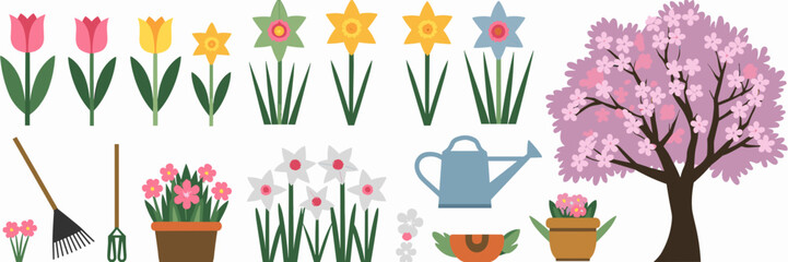 Fototapeta premium Vector sheet with spring plants and flower icons – Ideal for garden-related graphics, spring promotions, or nature-themed content.