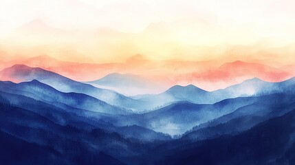 Fototapeta premium Dreamy watercolor sunrise mountain landscape, soft smudge effect and transition between warm and cold tones, hand-painted art style, blank space for text. Tranquil natural scene, abstract background。