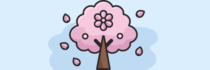 Vector sheet icon of a pink cherry blossom tree with petals around the tree and a light blue sky