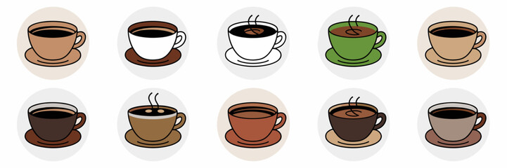 Obraz premium Vector sheet of various coffee types in circle icons – Perfect for food blogs, beverage brands, or drink-related content.