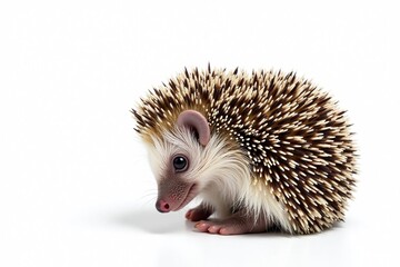Obraz premium A tiny hedgehog, curled into a ball, isolated on pure white , pet, hedgehog portrait, nighttime