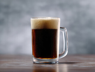 A refreshing dark beverage with foam in a clear handled mug, resting on a wooden surface