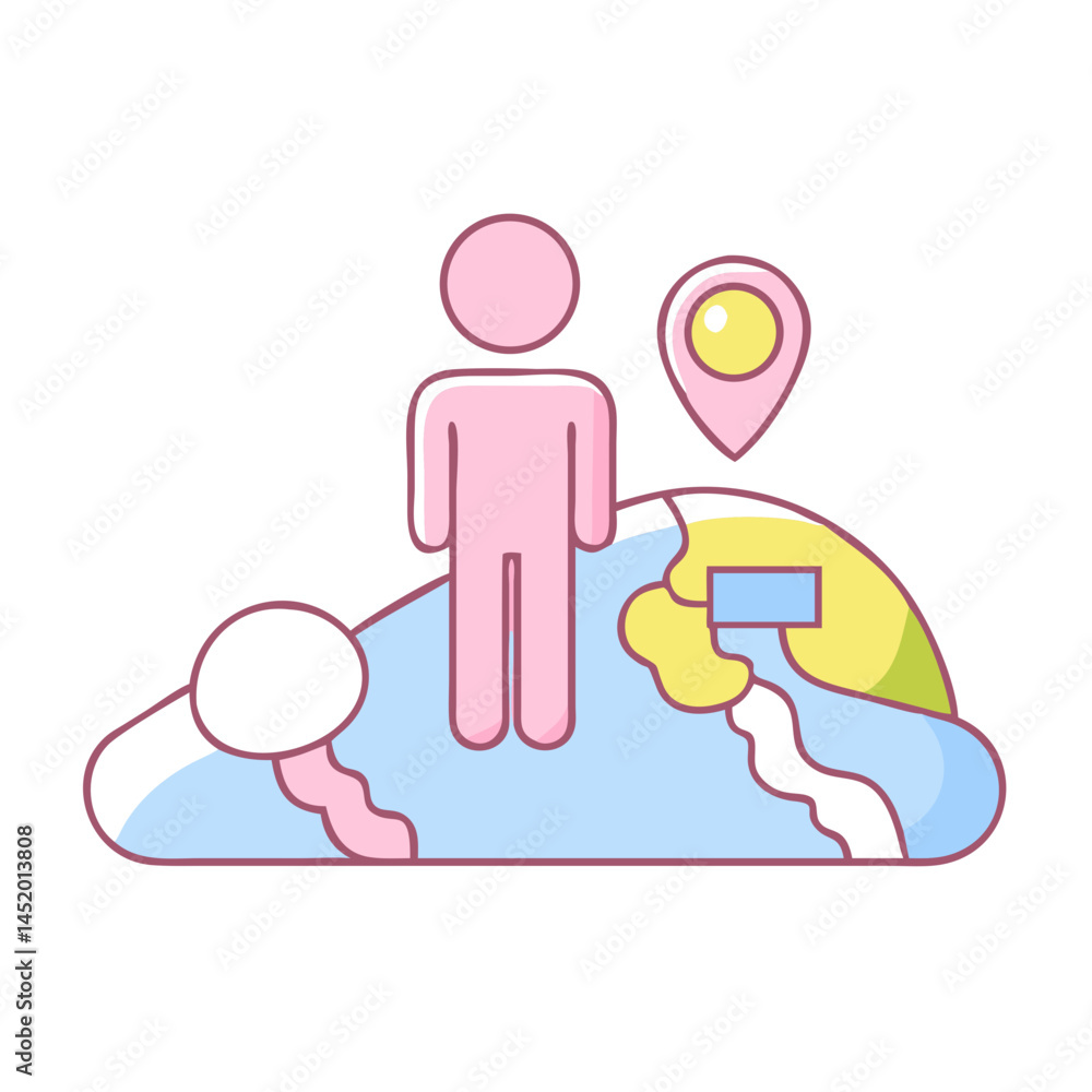 Poster icon of a person standing on a colorful map with location pin