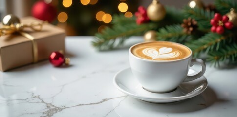 Fototapeta premium White marble table, latte, Xmas decor, gift Festive holiday scene , gift, winter