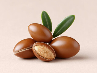 Argan nuts with green leaves on beige background, showing argan fruit and seed. Beauty concept